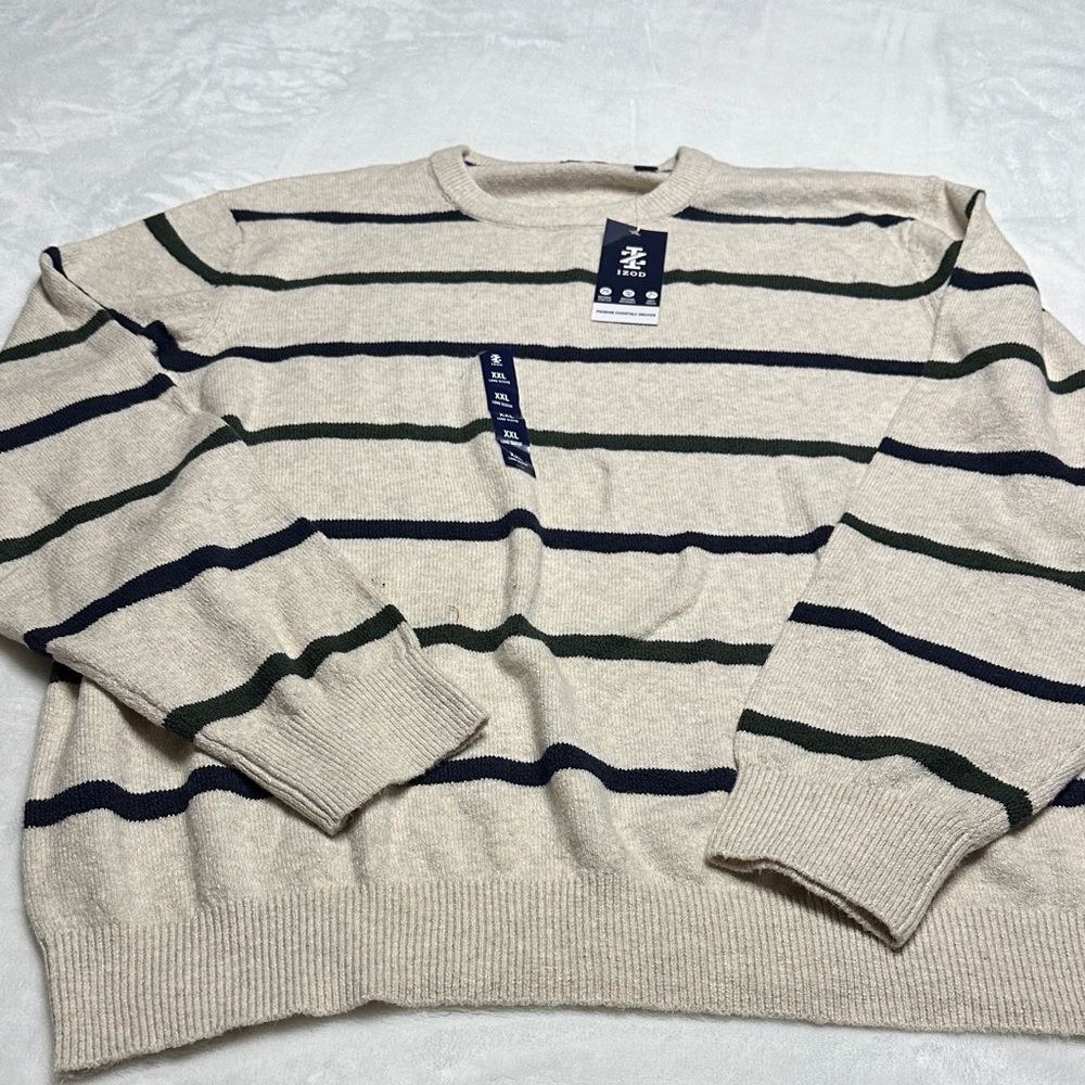 Izod Men's Crewneck Sweater in Beige and Green Stripes